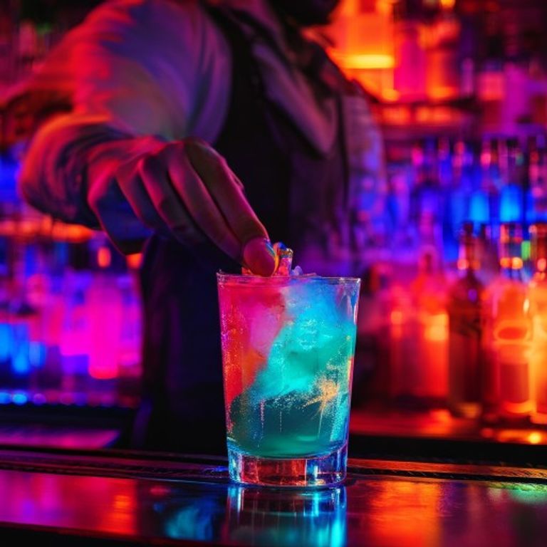 Bartender pravi koktel uz neon osvetljenje