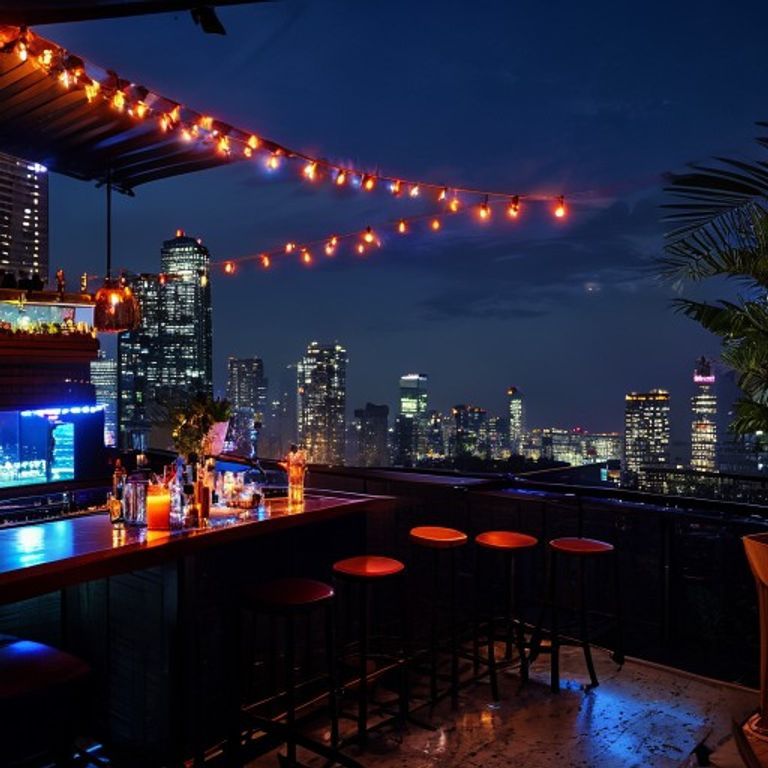 Krov žurka sa koktel barom i gradskim svetlima