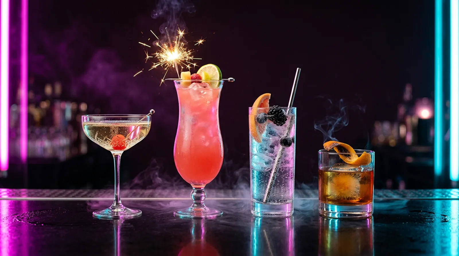 Četiri koktela u nizu: coupe, hurricane sa prskalicom, highball i old fashioned